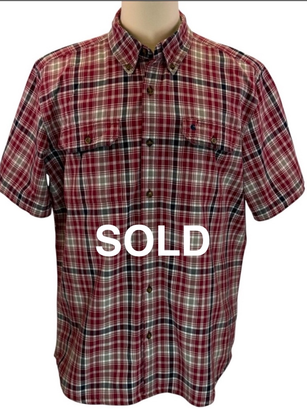 Carhartt Men's Relaxed Fit Red Plaid Short Sleeve Button Down Shirt Size XL